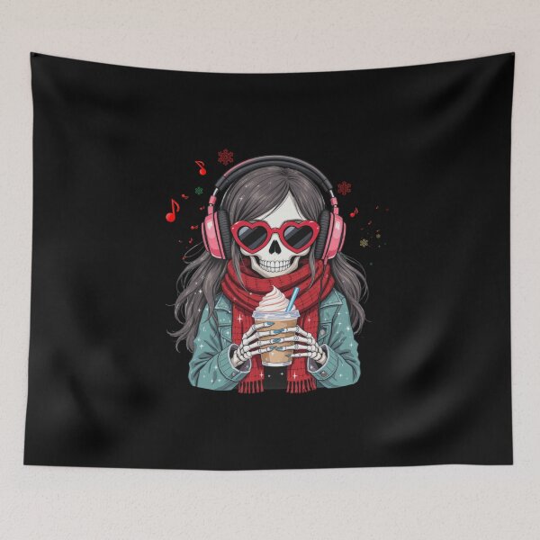 Item preview, Coffee, Music & Chill Skeleton Girl | Cute Gothic Christmas Art designed and sold by ColorSplash123.