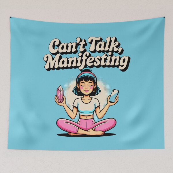 Item preview, Meditating Becky with Pink Crystal and Smartphone in Light Blue Setting designed and sold by SplashTastic.
