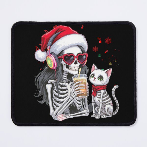 Item preview, Skeleton Girl with Cat Listening to Christmas Music | Cute Gothic Holiday Art designed and sold by ColorSplash123.