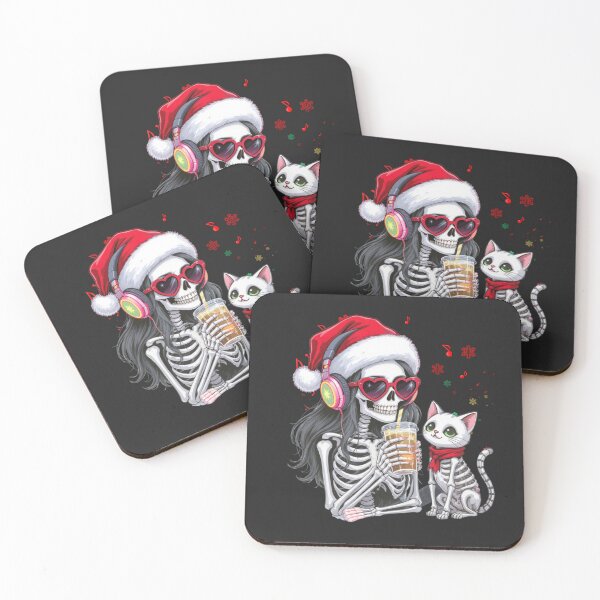 Item preview, Skeleton Girl with Cat Listening to Christmas Music | Cute Gothic Holiday Art designed and sold by ColorSplash123.