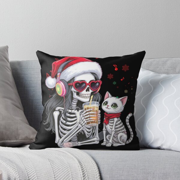 Item preview, Skeleton Girl with Cat Listening to Christmas Music | Cute Gothic Holiday Art designed and sold by ColorSplash123.