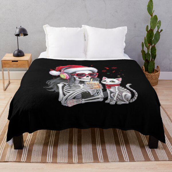 Item preview, Skeleton Girl with Cat Listening to Christmas Music | Cute Gothic Holiday Art designed and sold by ColorSplash123.