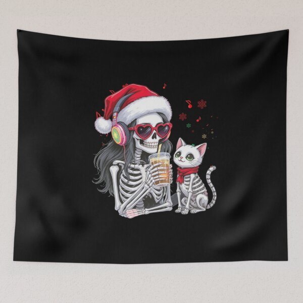 Item preview, Skeleton Girl with Cat Listening to Christmas Music | Cute Gothic Holiday Art designed and sold by ColorSplash123.