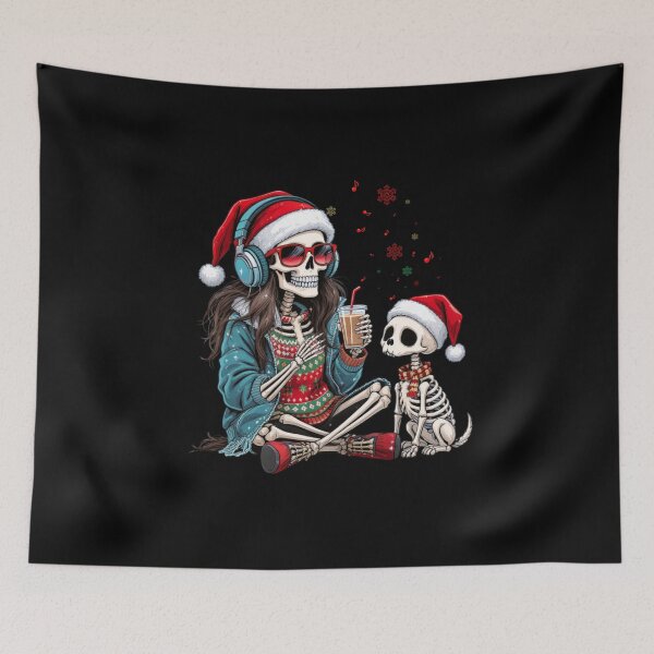 Item preview, Skeleton Girl with Dog and Headphones | Cute Gothic Christmas Coffee Art designed and sold by ColorSplash123.
