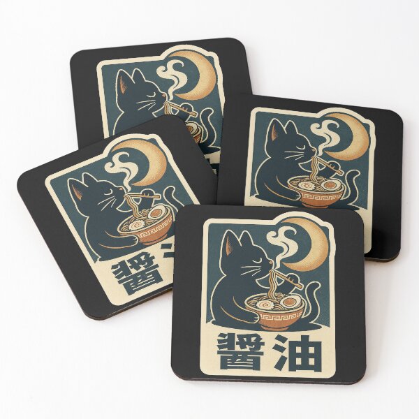 Item preview, Black Cat Eating Ramen Charcoal Shoyu Steam Concept Japanese Graphic Art designed and sold by Bongocomic.
