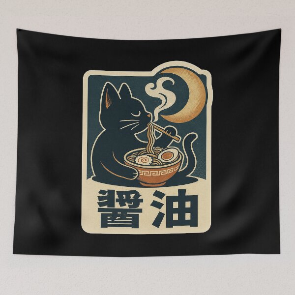 Item preview, Black Cat Eating Ramen Charcoal Shoyu Steam Concept Japanese Graphic Art designed and sold by Bongocomic.