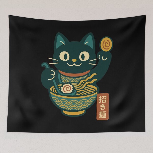 Item preview, Black Cat Eating Ramen Lucky Beckoning Neko Ramen Concept Japanese Graphic Art designed and sold by Bongocomic.
