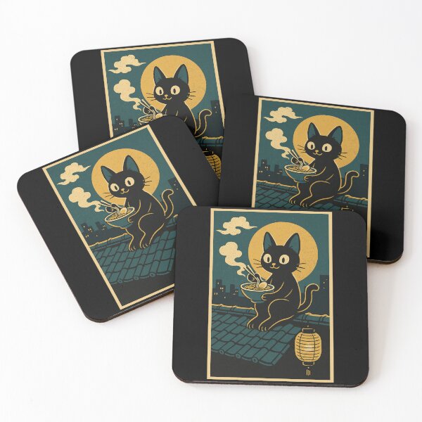 Item preview, Black Cat Eating Ramen Moonlit Rooftop Bowl Concept Japanese Graphic Art designed and sold by Bongocomic.