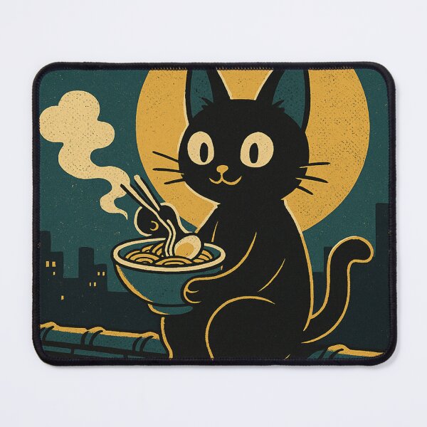 Item preview, Black Cat Eating Ramen Moonlit Rooftop Bowl Concept Japanese Graphic Art designed and sold by Bongocomic.