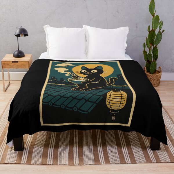 Item preview, Black Cat Eating Ramen Moonlit Rooftop Bowl Concept Japanese Graphic Art designed and sold by Bongocomic.