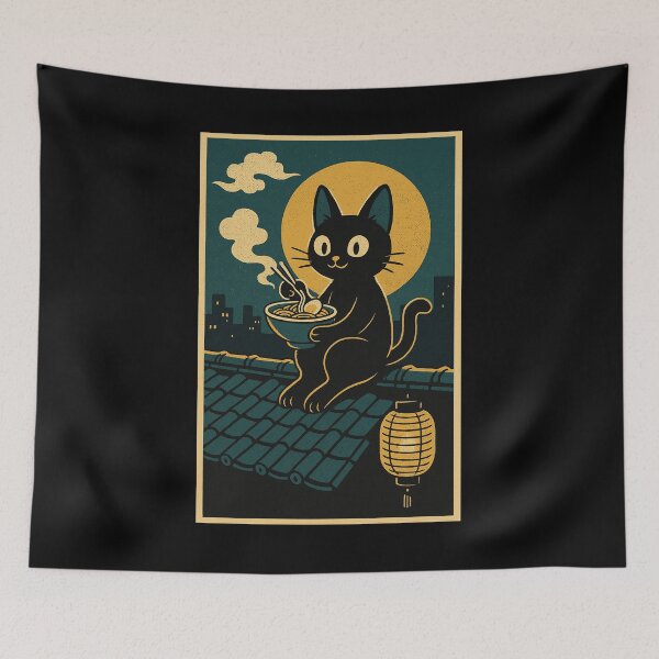 Item preview, Black Cat Eating Ramen Moonlit Rooftop Bowl Concept Japanese Graphic Art designed and sold by Bongocomic.
