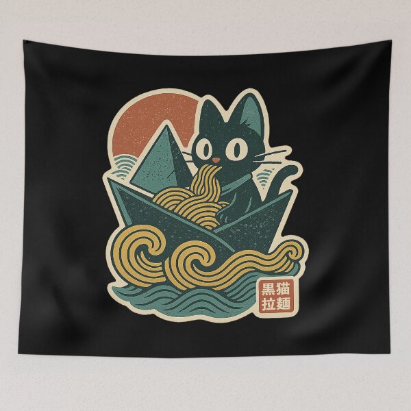 Item preview, Black Cat Eating Ramen Origami Nori Sail Concept Japanese Graphic Art designed and sold by Bongocomic.