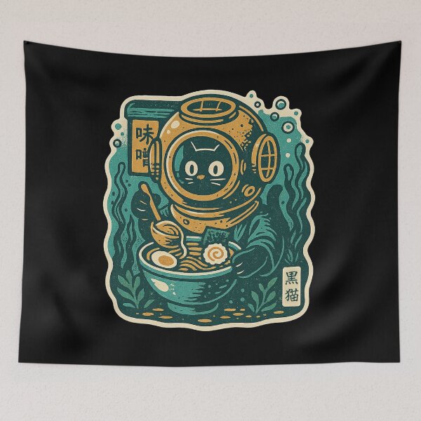 Item preview, Black Cat Eating Ramen Undersea Miso Diver Concept Japanese Graphic Art designed and sold by Bongocomic.