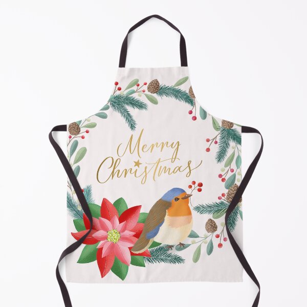 Item preview, Merry Christmas with Christmas wreath, robin, poinsettia and calligraphy in gold designed and sold by Sandra Brezina.