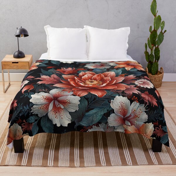 Item preview, Night Garden With Red Orange And White Blooms On Black Background designed and sold by CoolPixels.