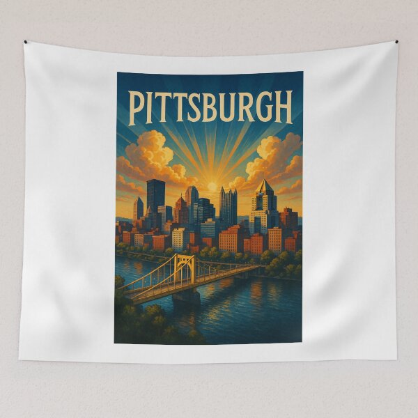 Item preview, Sunrise over Pittsburgh Skyline and Bridge in Pennsylvania designed and sold by Aryabek.