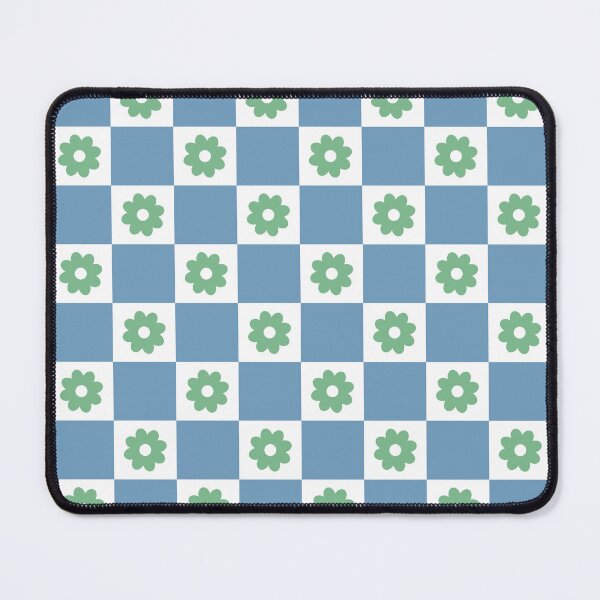 Item preview, A cheerful seamless pattern with stylized green flowers centered on white squares alternating with solid light blue designed and sold by Crispifly.