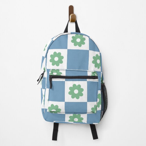 Item preview, A cheerful seamless pattern with stylized green flowers centered on white squares alternating with solid light blue designed and sold by Crispifly.