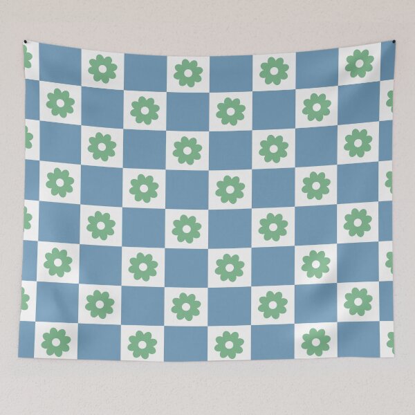 Item preview, A cheerful seamless pattern with stylized green flowers centered on white squares alternating with solid light blue designed and sold by Crispifly.
