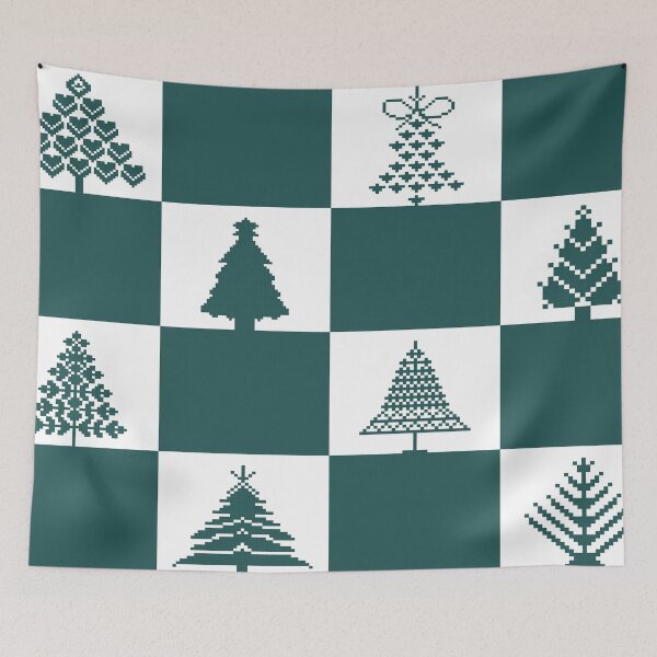 Item preview, A digital pattern displays nine unique pixel art evergreen trees Each abstract tree icon appears on alternating dark designed and sold by Crispifly.