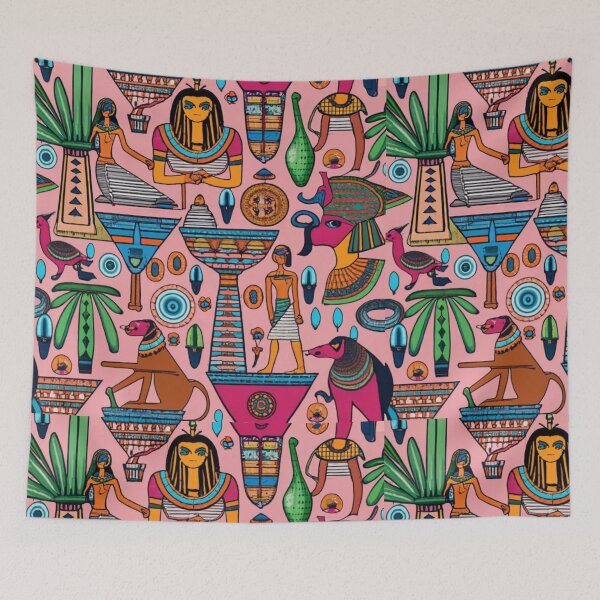 Item preview, Ancient Egyptian pattern of pharaoh queens and sphinx, abstract background mixed with tribes, multiple colors, clear borders, centered, white background. designed and sold by gulka8.