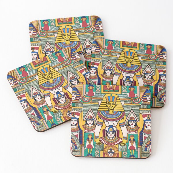 Item preview, Ancient Egyptian pattern of pharaoh queens and sphinx, abstract background mixed with tribes, multiple colors, clear borders, centered, white background. designed and sold by gulka8.