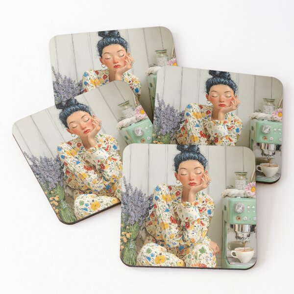 Item preview, Cozy Morning Coffee Dream – Asian Girl in Floral Pajamas | Warm Kitchen AI Art by Olena Dykun designed and sold by olenadykun.ai.