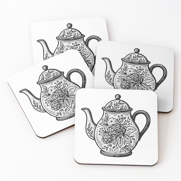 Item preview, Floral Teapot – Black and White Linocut Art with Watercolor Pattern designed and sold by Pacika.
