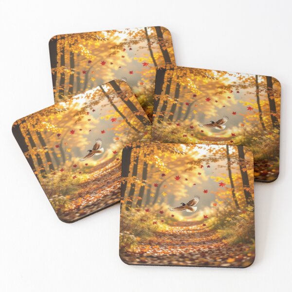 Item preview, Golden Autumn Path with Bird in Flight and Circle of Maple Leaves – Nature Dream Vision designed and sold by FotoworldEdel.