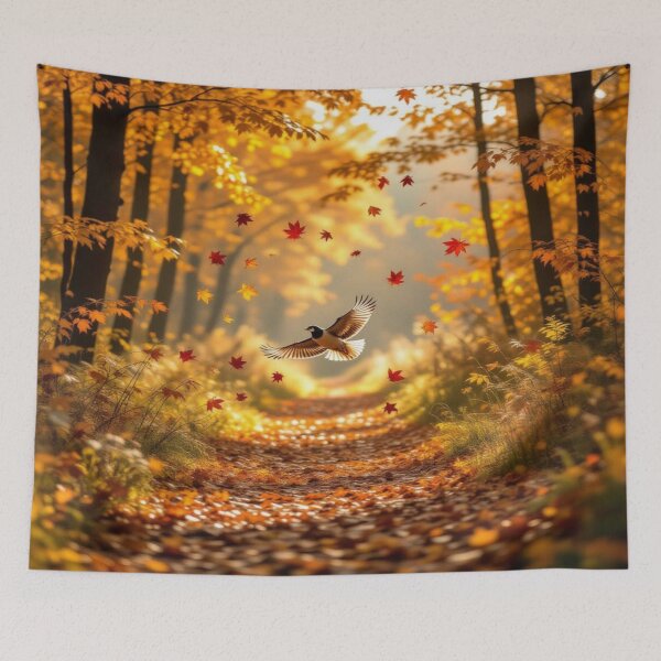 Item preview, Golden Autumn Path with Bird in Flight and Circle of Maple Leaves – Nature Dream Vision designed and sold by FotoworldEdel.