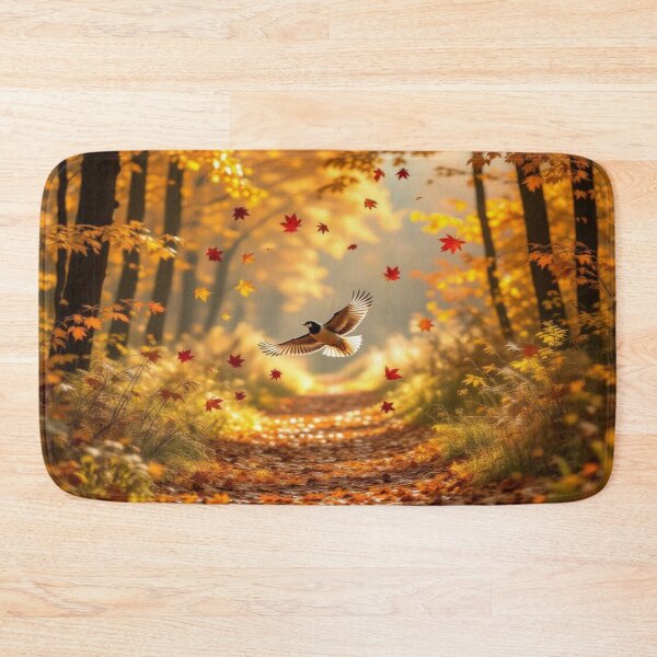 Item preview, Golden Autumn Path with Bird in Flight and Circle of Maple Leaves – Nature Dream Vision designed and sold by FotoworldEdel.