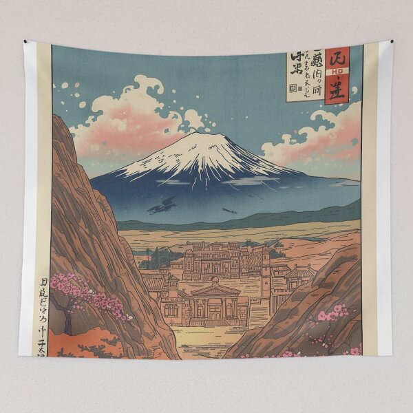 Item preview, Ukiyo-e Woodblock Print of Petra, Jordan – Mount Fuji and Japanese Clouds designed and sold by Vandy Fullam.
