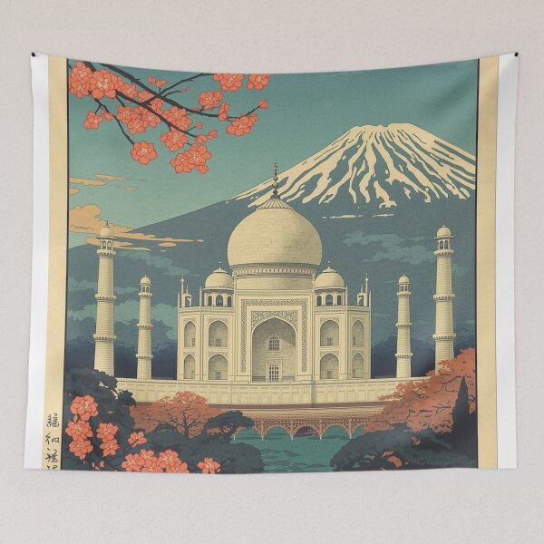 Item preview, Ukiyo-e Woodblock Print of the Taj Mahal – Mount Fuji and Japanese Clouds designed and sold by Vandy Fullam.