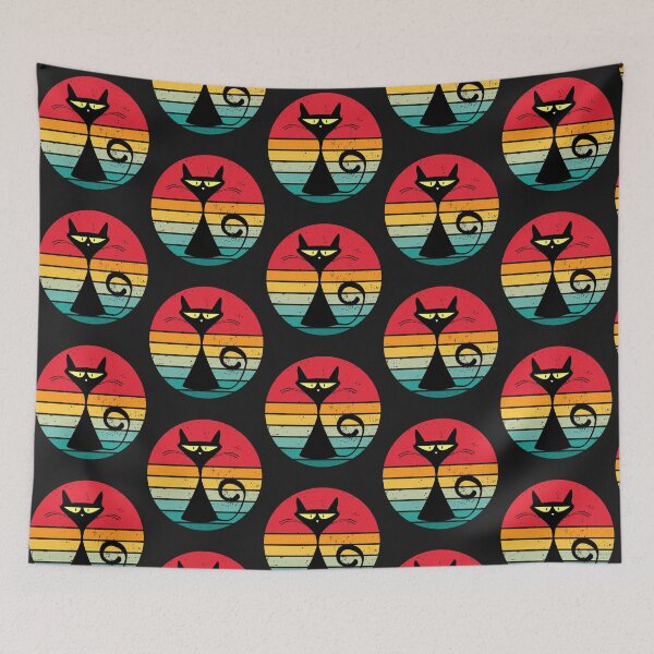 Item preview, Retro Black Cat with Sunset Stripes designed and sold by SN-art-design.