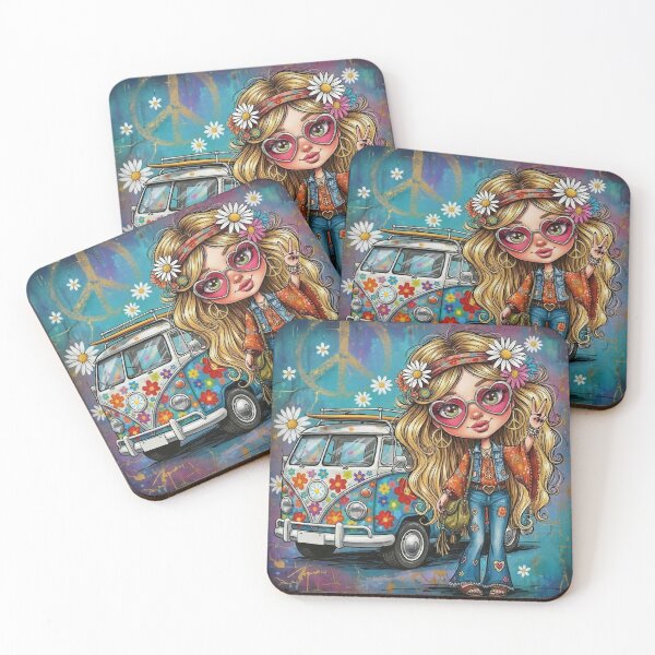 Item preview, Cute Hippie Girl with Peace Sign and Flower Power Van — Retro 70s Boho Cartoon Illustration designed and sold by Pixel Pout.