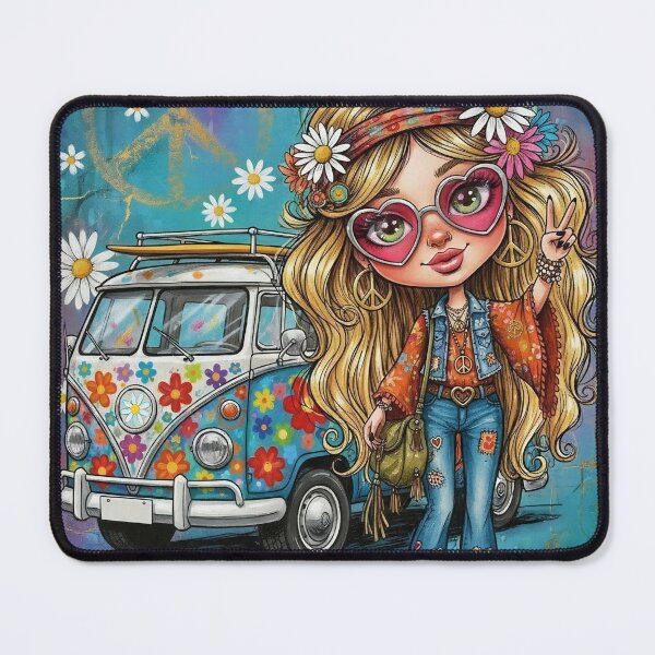 Item preview, Cute Hippie Girl with Peace Sign and Flower Power Van — Retro 70s Boho Cartoon Illustration designed and sold by Pixel Pout.
