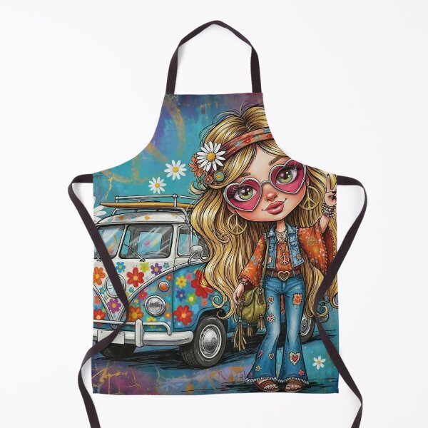 Item preview, Cute Hippie Girl with Peace Sign and Flower Power Van — Retro 70s Boho Cartoon Illustration designed and sold by Pixel Pout.