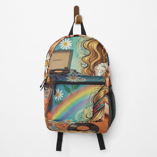 Item preview, Boho Hippie Girl Playing Guitar with Vinyl Records and Rainbow – 1960s Peace and Love Cartoon Art designed and sold by Pixel Pout.