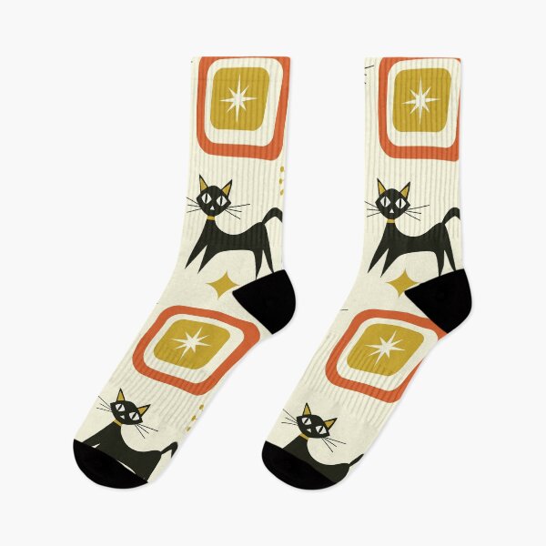 Item preview, Mid Century Black Atomic cats with mustard and orange squares designed and sold by Yasminepatterns .