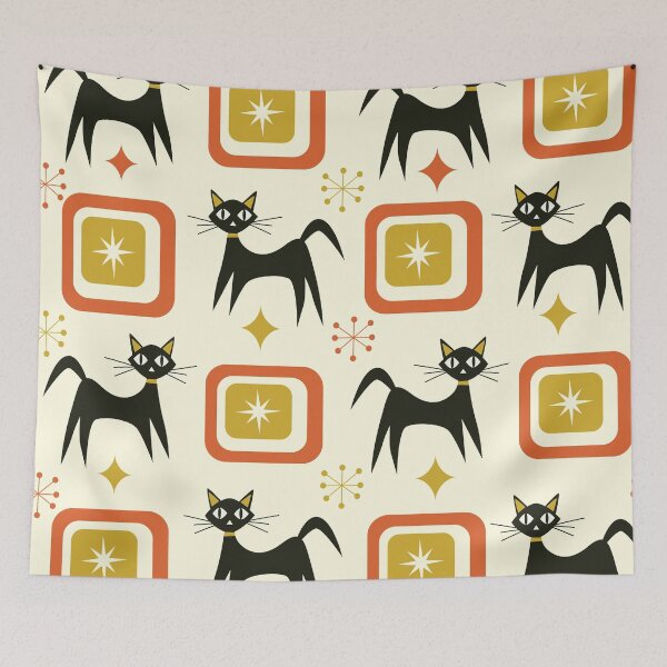 Item preview, Mid Century Black Atomic cats with mustard and orange squares designed and sold by Yasminepatterns .