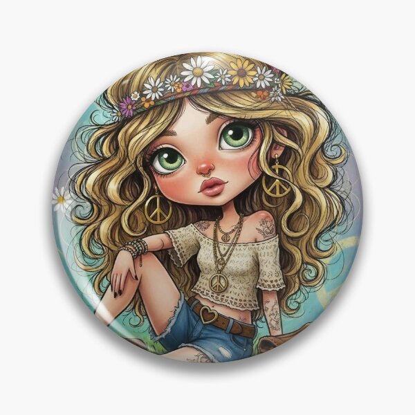 Aperçu de l'œuvre Jeune fille bohème hippie assise avec une couronne de marguerites et des bijoux symbole de paix – Illustration rétro des années 1960 créée et vendue par Pixel Pout.