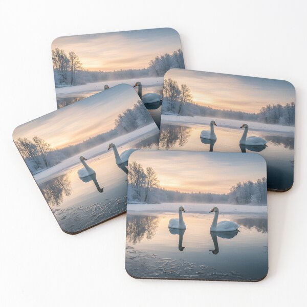 Item preview, Two swans floating on a partially frozen lake at sunrise designed and sold by homydesign.