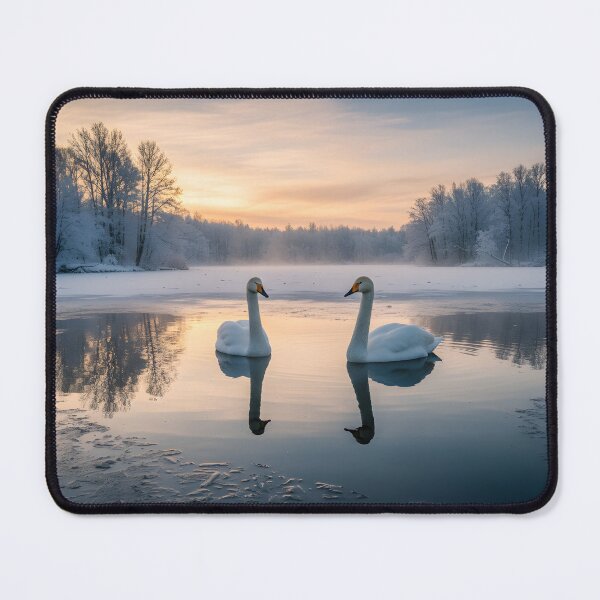Item preview, Two swans floating on a partially frozen lake at sunrise designed and sold by homydesign.