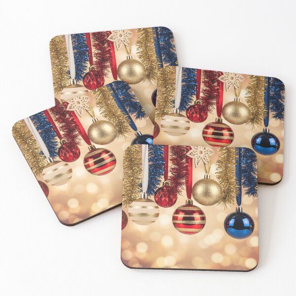 Item preview, Vibrant red, blue, and gold Christmas ornaments, adorned with tinsel and wooden cutouts, hang against a soft, festive bokeh background, radiating holiday cheer designed and sold by homydesign.