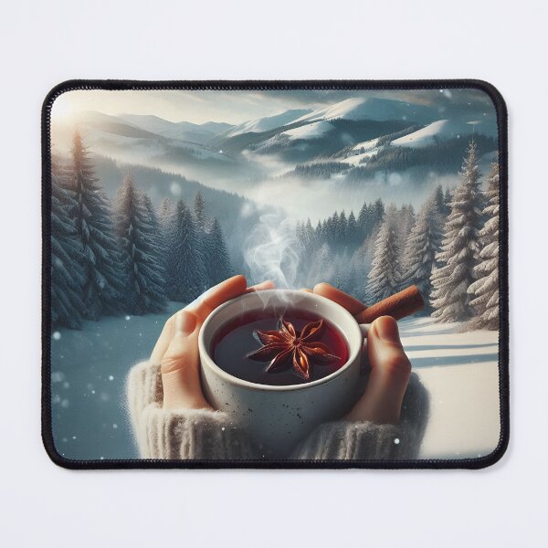Item preview, A steaming mug with star anise and a cinnamon stick, held against a vast, snowy mountain range designed and sold by homydesign.