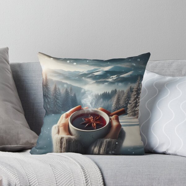 Item preview, A steaming mug with star anise and a cinnamon stick, held against a vast, snowy mountain range designed and sold by homydesign.