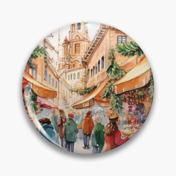 Item preview, A festive street market with colorful bunting, Christmas trees, and stalls filled with pastries, bustling with people enjoying the holiday atmosphere designed and sold by homydesign.