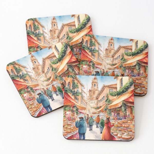 Item preview, A festive street market with colorful bunting, Christmas trees, and stalls filled with pastries, bustling with people enjoying the holiday atmosphere designed and sold by homydesign.