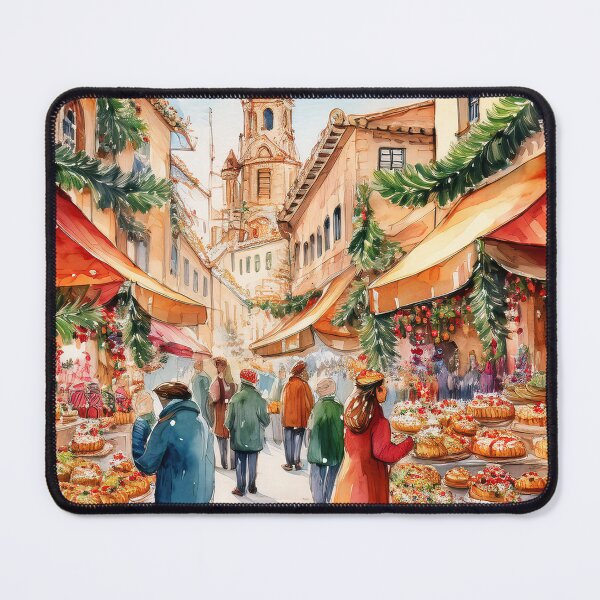 Item preview, A festive street market with colorful bunting, Christmas trees, and stalls filled with pastries, bustling with people enjoying the holiday atmosphere designed and sold by homydesign.