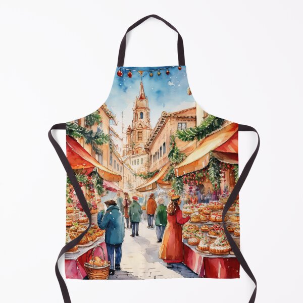 Item preview, A festive street market with colorful bunting, Christmas trees, and stalls filled with pastries, bustling with people enjoying the holiday atmosphere designed and sold by homydesign.